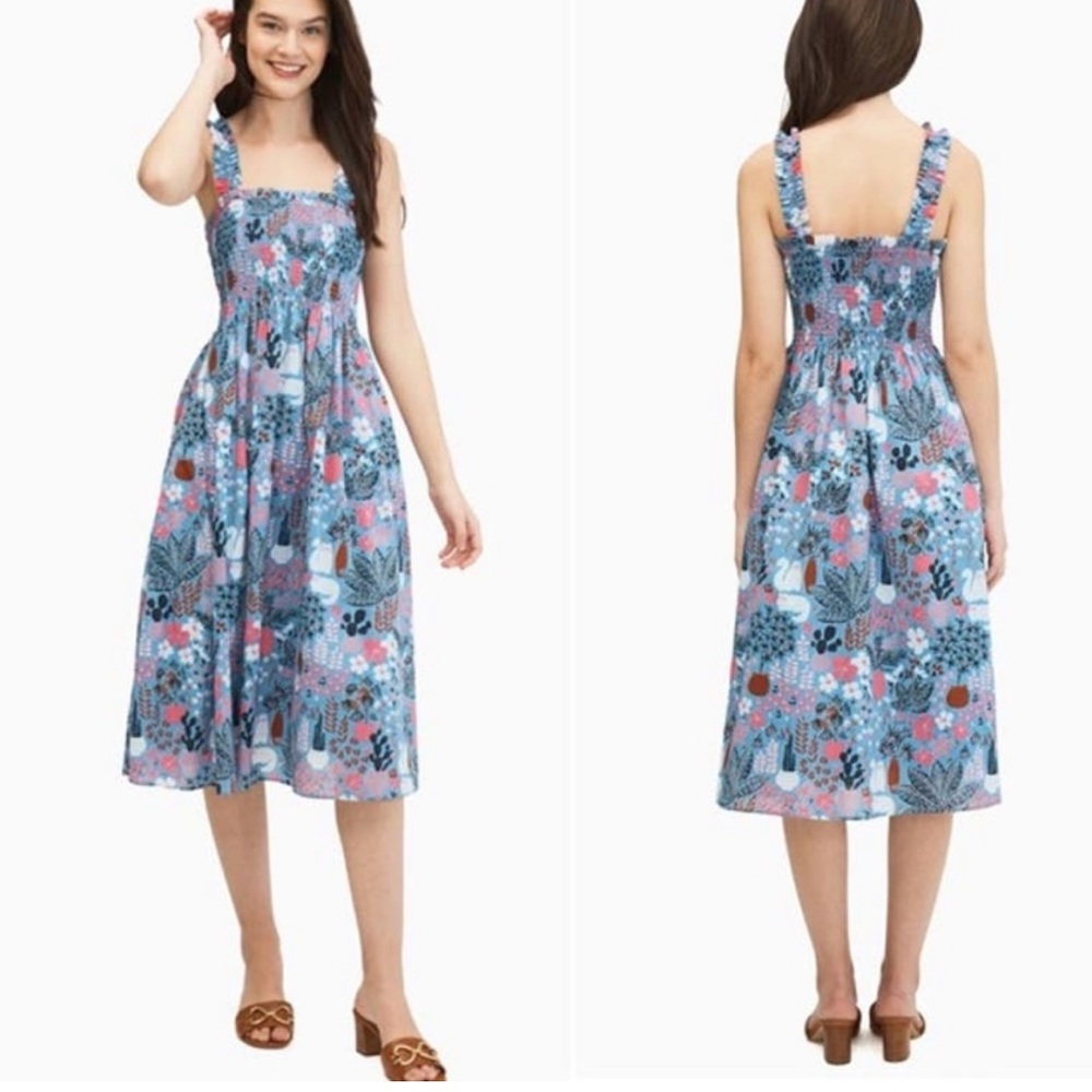 Kate Spade Garden Posy Smocked Sleeveless Midi Dress in Blue